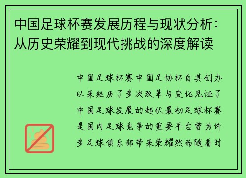 中国足球杯赛发展历程与现状分析：从历史荣耀到现代挑战的深度解读