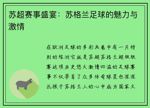 苏超赛事盛宴：苏格兰足球的魅力与激情