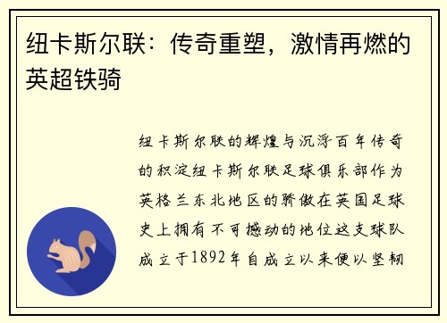 纽卡斯尔联：传奇重塑，激情再燃的英超铁骑