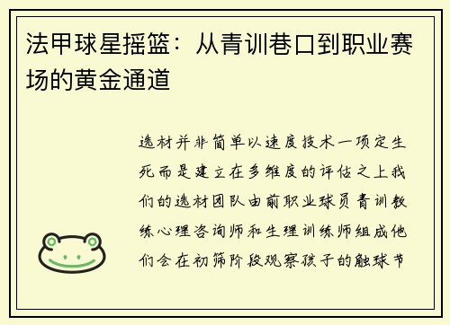 法甲球星摇篮：从青训巷口到职业赛场的黄金通道