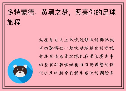 多特蒙德：黄黑之梦，照亮你的足球旅程