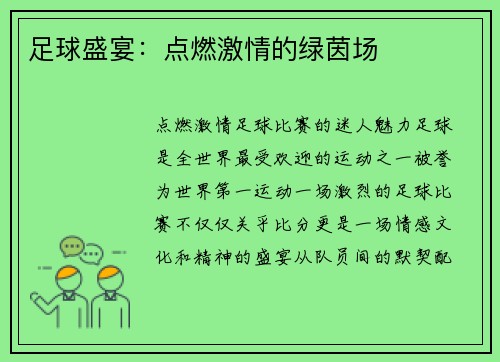 足球盛宴：点燃激情的绿茵场
